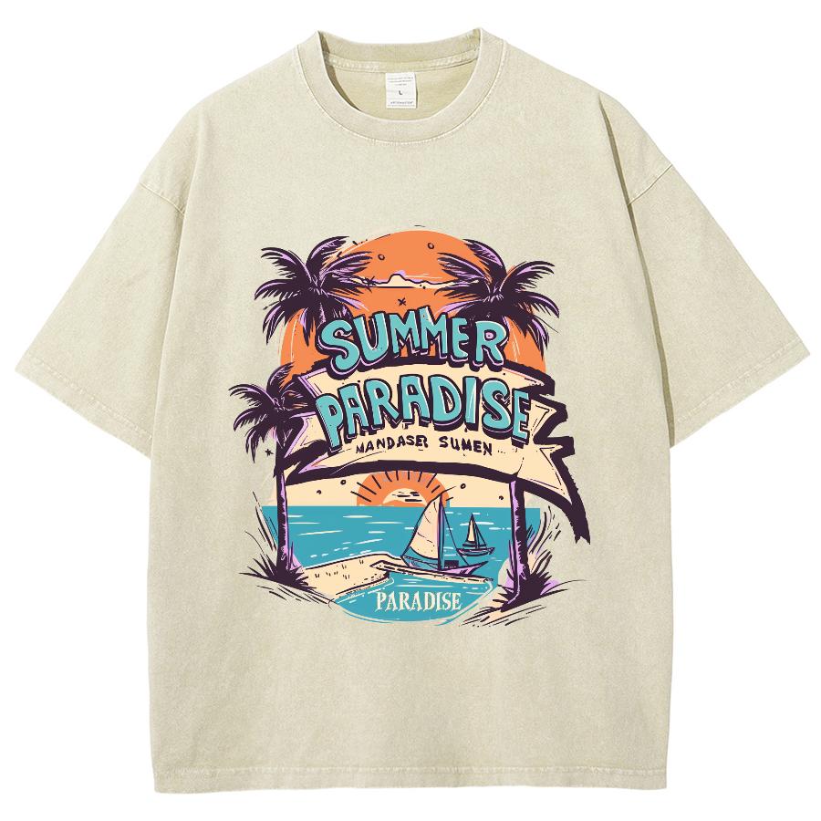 American Vintage Kokospalmenstrand-Print Damen T-Shirt Unisex Übergroß Locker Waschung Kurzarm Basic Oberteil T-Shirt