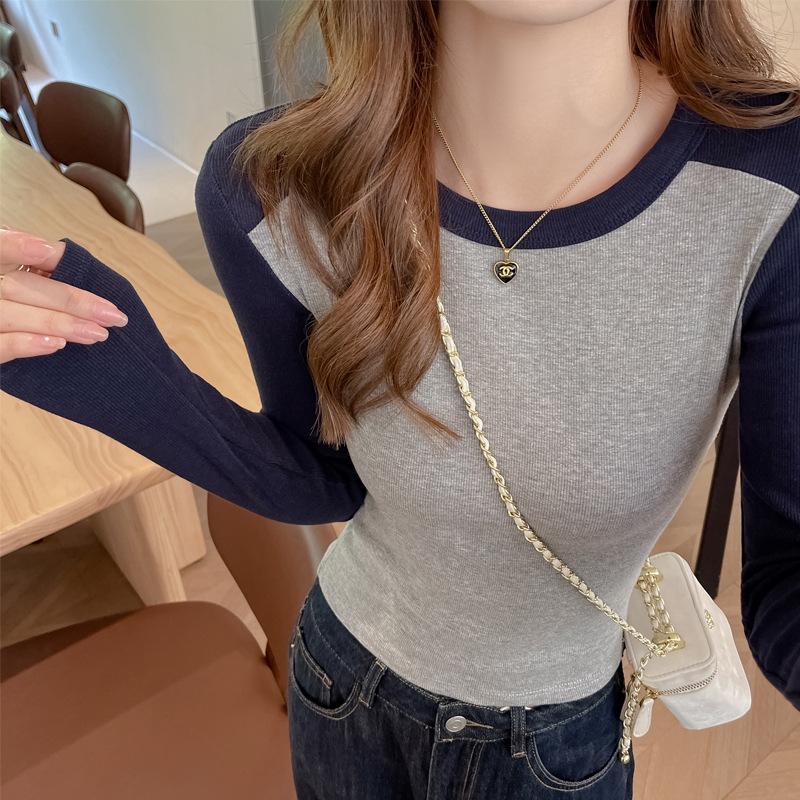 

Small Round Neck American Color Block Long Sleeve T Shirt Women Spring Autumn Winter Tight Crop Structured Shoulder Base Layer Can Be Outer Wear XL