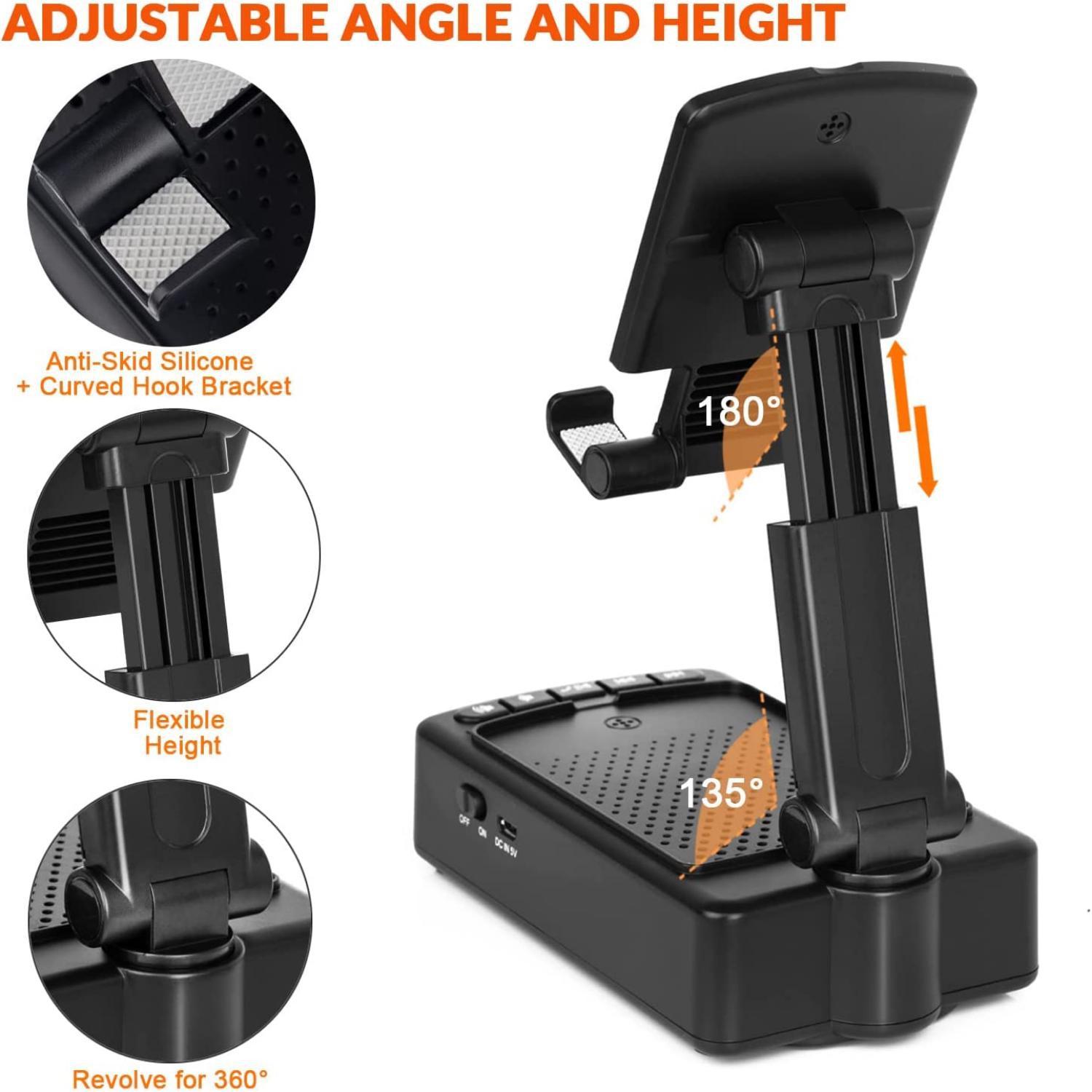 

Подставка для мобильного телефона с динамиком Bluetooth, беспроводной динамик с противоскользящим держателем и зарядной станцией, совместимой с телефоном, регулируемый угол и высота чёрный