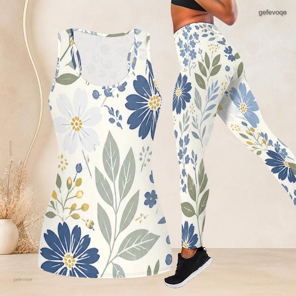 Women Plus Size Two Piece Set Scoop Neck Sleeveless Floral Printed Longline Tank Top Fitted Pants
