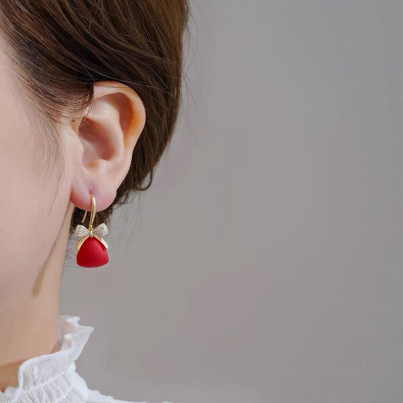 Chinese style red festive lucky bag bow earrings women's niche light luxury fashion earrings high-end earrings
