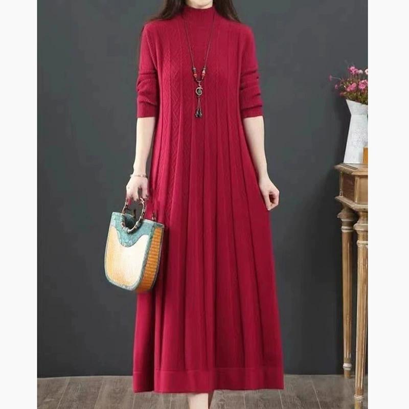 Autumn Winter Covering Belly Dress Middle Aged Elderly Mother Retro Long Knitted Sweater Dresses Vestidos