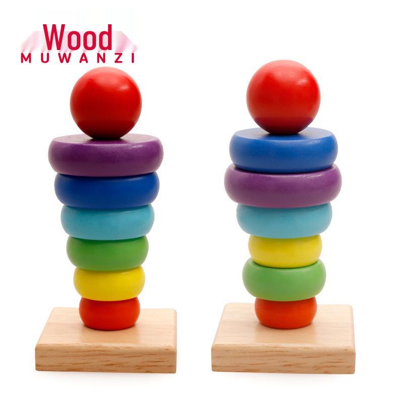 

Large Wooden Rainbow Tower: Seven-Color Stacking Rings Educational Toy for Children