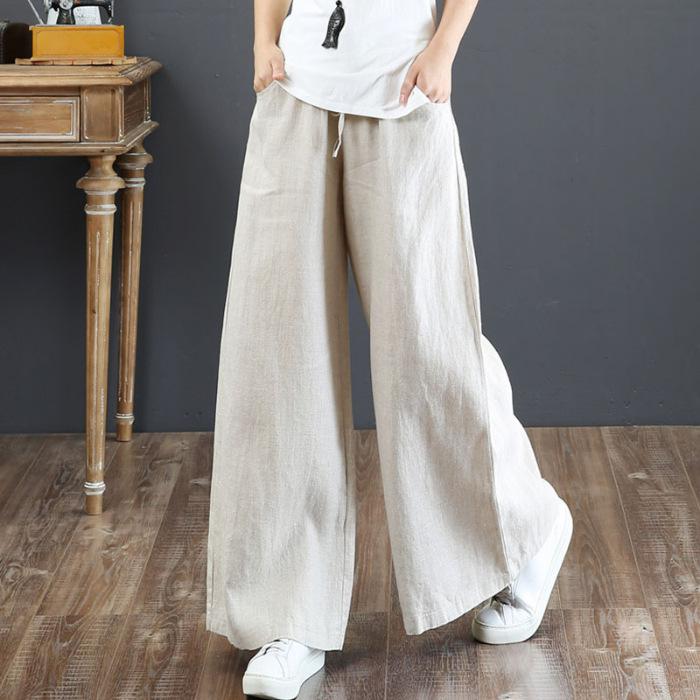 2025 Women's Plus Size Cotton Linen Wide-Leg Trousers - High Waist, Loose Fit, Straight Leg, Casual Summer Pants