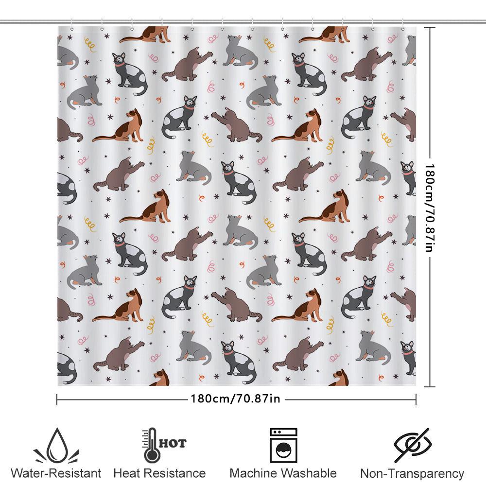 Whimsical Cat Pattern Shower Curtain Multicolored Feline Print For Bathroom Decorations With Hooks Included In White