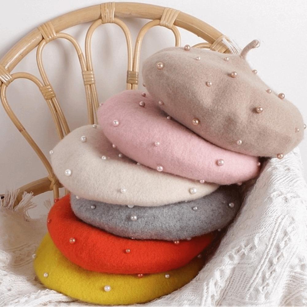 Solid Color Children's Beret Pearl Painter Hat Fashion Baby Wool Hat Kid