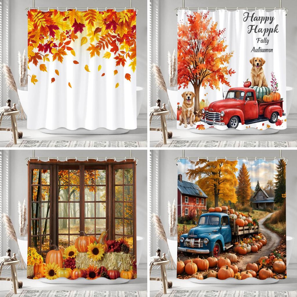 Autumn Leaves Pumpkin Shower Curtain Rustic Farm Truck Animals Thanksgiving Polyester Fabric Shower Curtains Bathroom Decoration