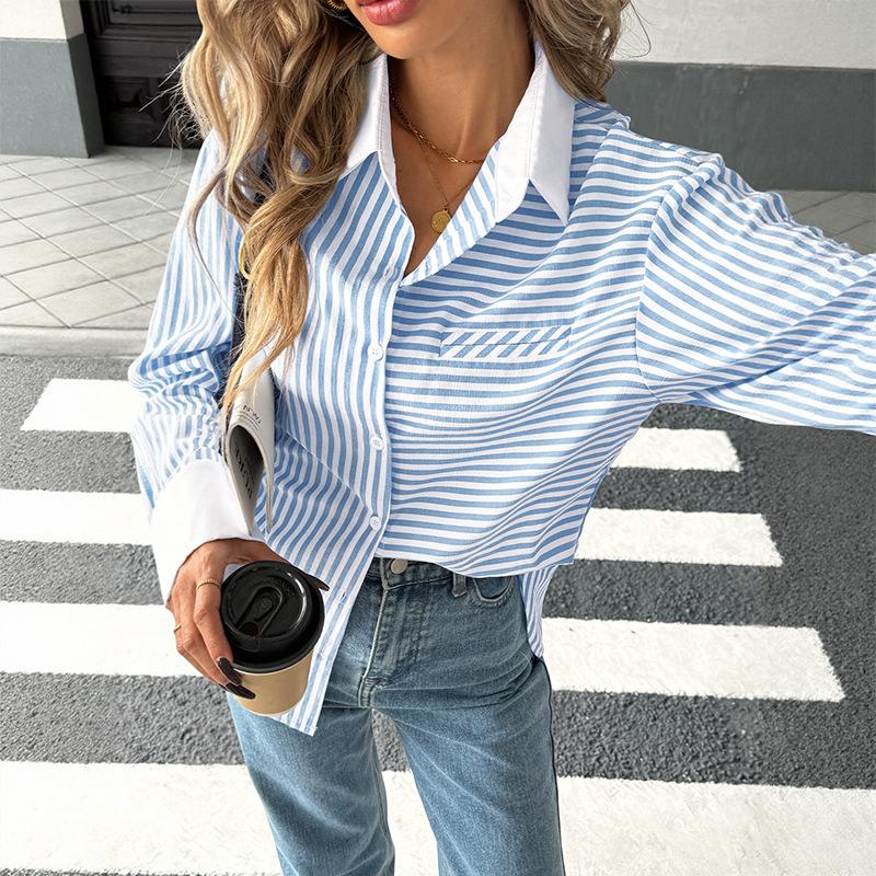 A New Autumn Striped Patchwork Trendy and Fashionable Shirt for Women