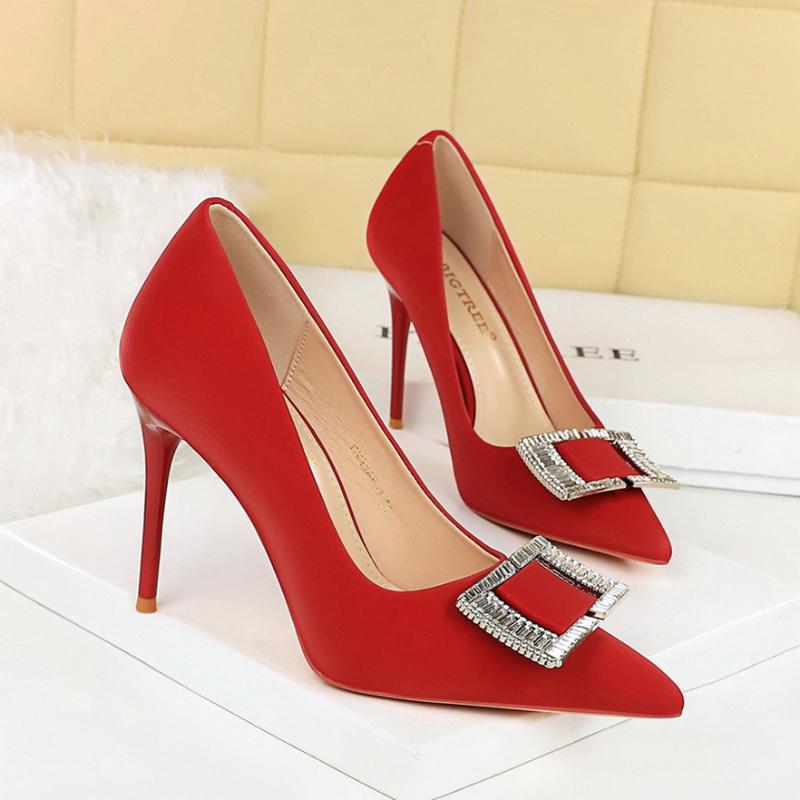 Fashionable High Heels For Women With Light Mouth Square Buckle Rhinestone Slim Heels Single Shoes Pointed Toe High-End Shoes