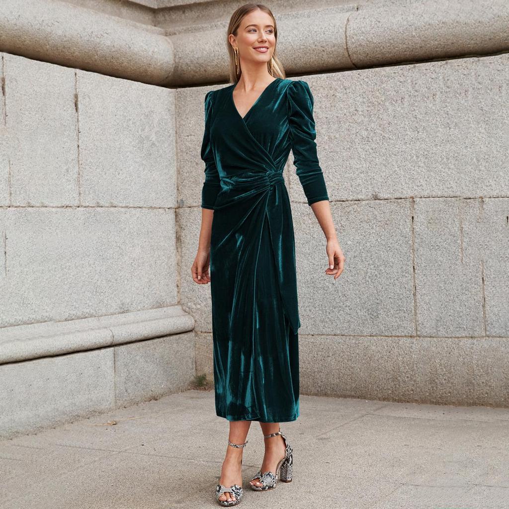 Kadın Bahar Gece Elbisesi Uzun Kollu Zarif V Yaka A-Line Yüksek Bel Kemeri Uzun Kadife Elbiseler Düz Renk