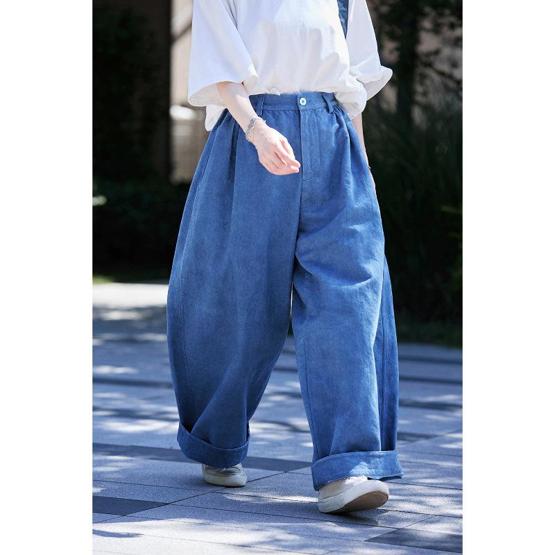 

Women s Cloud Mountain Blue Wide-Leg Retro Cotton Pants Large