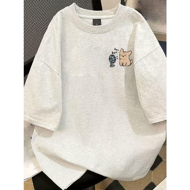 European Size Women's Cute Cat Graphic T-Shirt - Casual Loose Fit Short Sleeve Tee with "Hi! Be Happy" Design, Lightweight