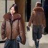 Women's Autumn Winter PU Leather Jacket, Quilted Lining Thickened Warm Cold-proof Detachable Big Faux Fur Collar Leather Coat