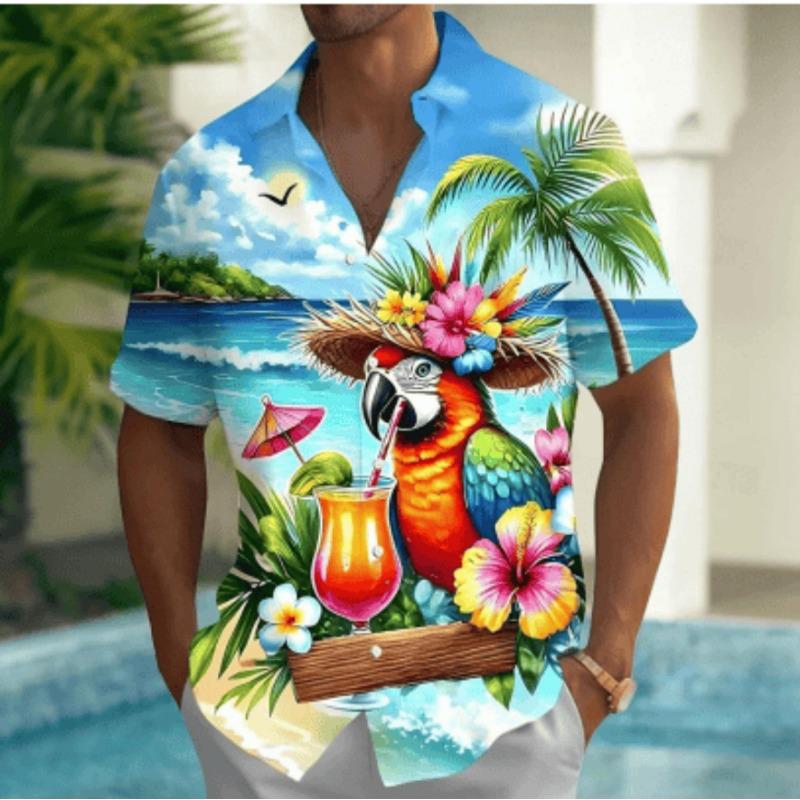 Herren Strand Papagei Cocktail Tropisch Floral Print Kurzarmhemd, Frühling Sommer Hawaiianischer Urlaubsbluse, Locker Lässig Oberteil 4XL