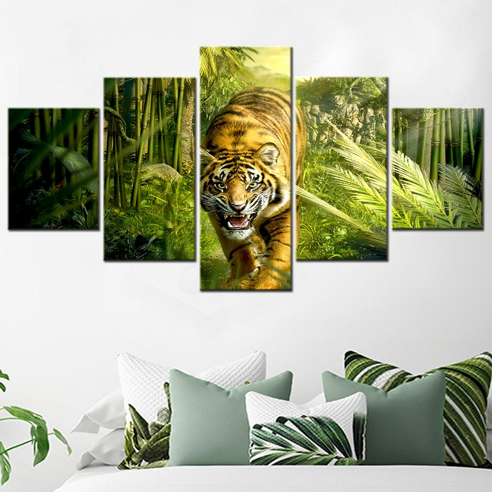5 Pieces Wall Art Canvas Print Tiger Power Jungle Animal Painting Aesthetic Room Decor Picture Modern Home Decoration Poster Set
