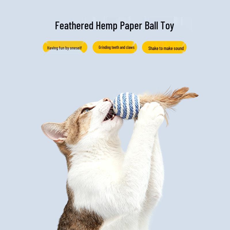 Cat Feather Rope Ball: Scratch & Bite-Resistant, Self-Entertaining Sisal Toy for Teeth Grinding and Teasing.