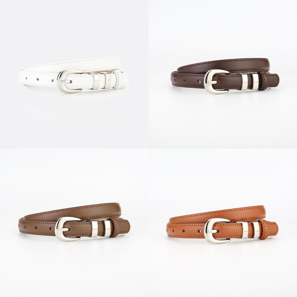 Womens True Leather Slim Belt With Metal Buckle For Casual Office Wear