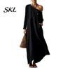 Polyester Dress Women Summer Maxi for Women, Casual Loose One Shoulder Long Sleeve Dress, Flowy Beach Vacation Sundress wwith Pockets Elegant