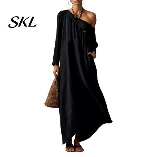 Polyester Dress Women Summer Maxi for Women, Casual Loose One Shoulder Long Sleeve Dress, Flowy Beach Vacation Sundress wwith Pockets Elegant