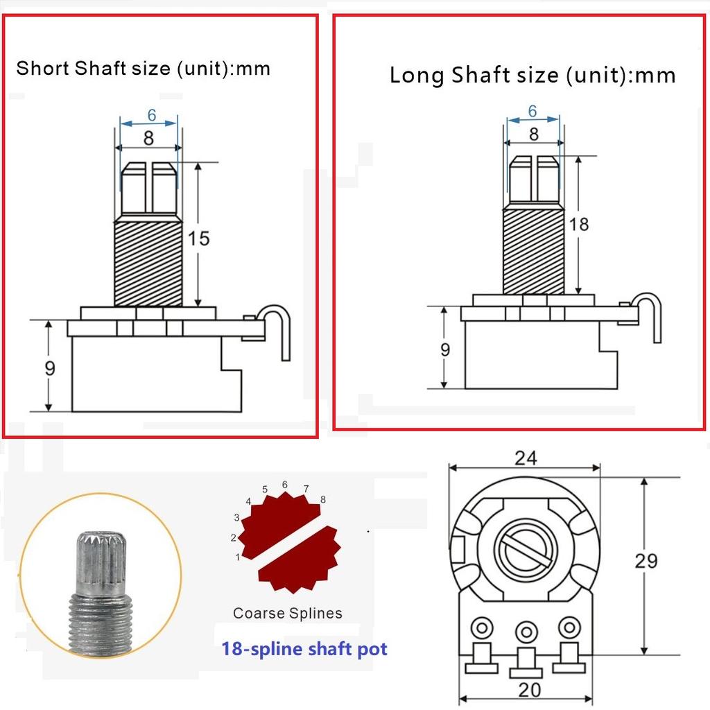 FLEOR 4PCS Guitar Potentiometers Volume Tone 18-spline Pots A250K/ B250K/ A500K/ B500K Long / Short Shaft Choose Guitar Parts