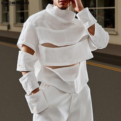 Mens High Neck Long Sleeve Hollow Out Irregular Casual Loose Shirts Tops