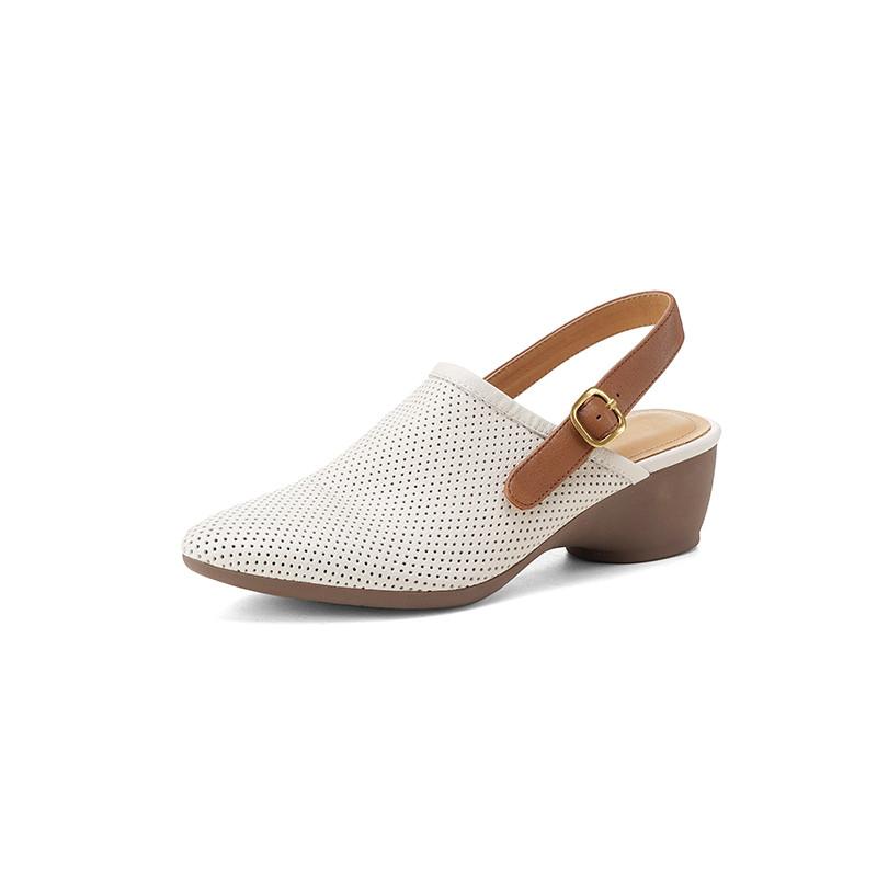 Fashion New Split Leather Summer Sandals Round Toe Sandals for Women Chunky Heels Fashion Hollow Out Sandals Breathable Ladies Shoes