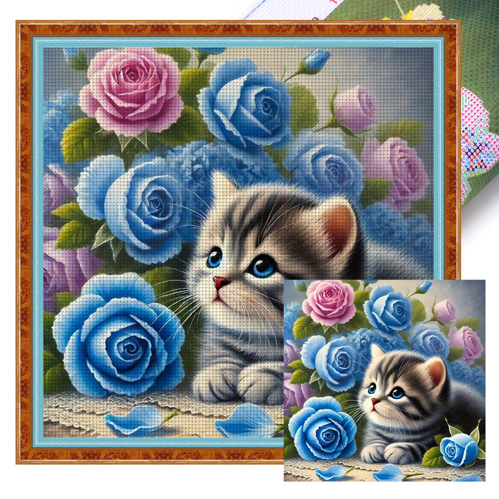 Full Embroidery Eco-cotton Thread 11CT Printed Flower Cat Cross Stitch Kit Art
