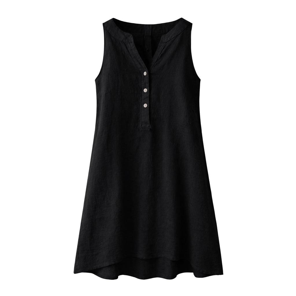 Women's Summer Casual V-neck Button Color Sleeveless Long Dress With Pockets