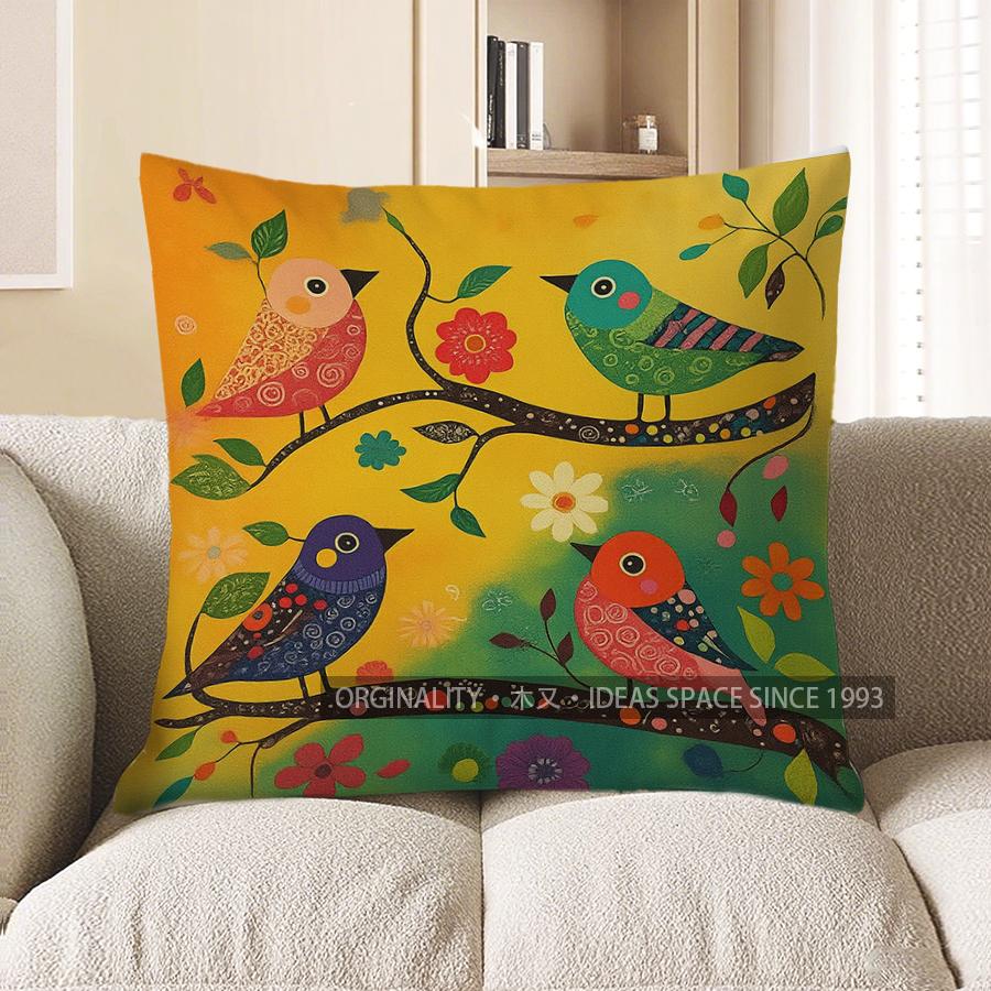 Home Decor Colorful Birds And Flowers Decorative Pattern Cushion Cover Suitable For Sofa Bedroom Car Pillow Cover