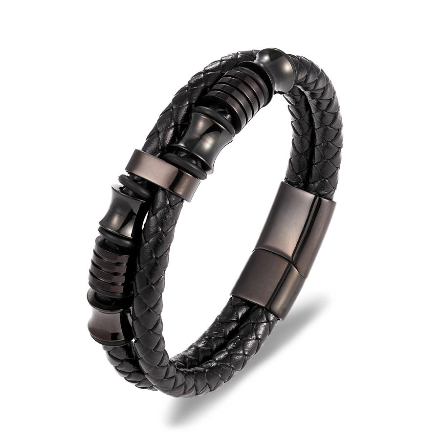 MenneM Men s Trendy Geometric Gold Plated Stainless Steel Genuine Leather Wrap Bracelet for Gift 25cm