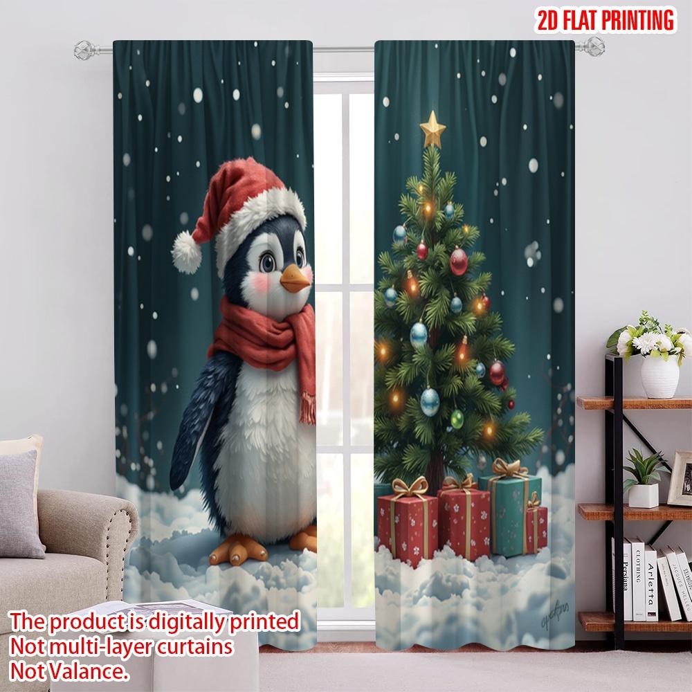 

Flat Printing Merry Christmas Party Curtains Penguin Hat Fabric Without Electricity Festive Curtain Set Of 2 Made Polyester Washable W100*H70(CM)-Grommet top&2PCS