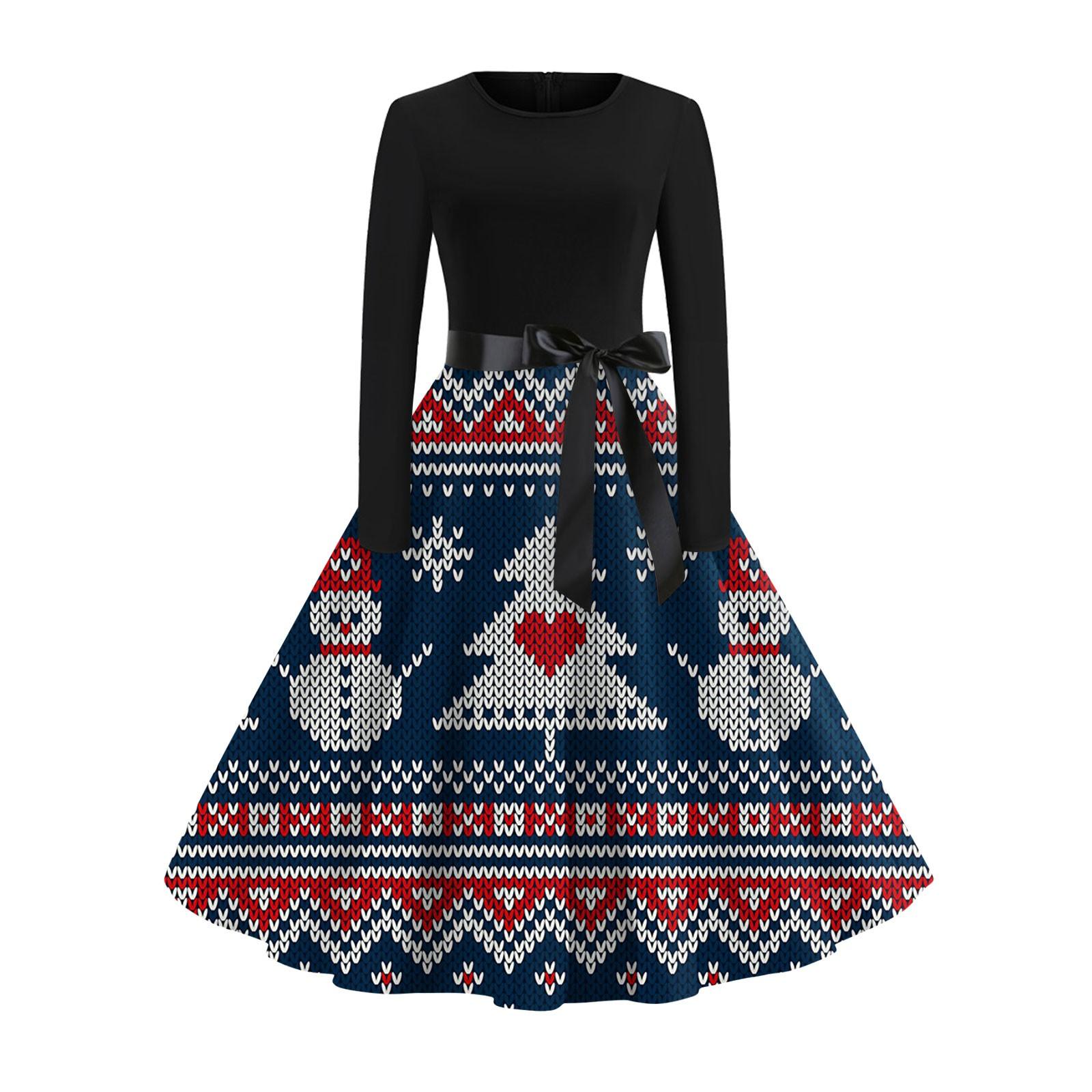 Рождественский принт расклешенное платье для женщин платье с длинным рукавом полые — фото 7