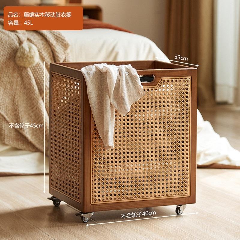 Chinese Style Solid Wood Rattan Umbrella Stand Freestanding Entryway Umbrella Storage Bucket