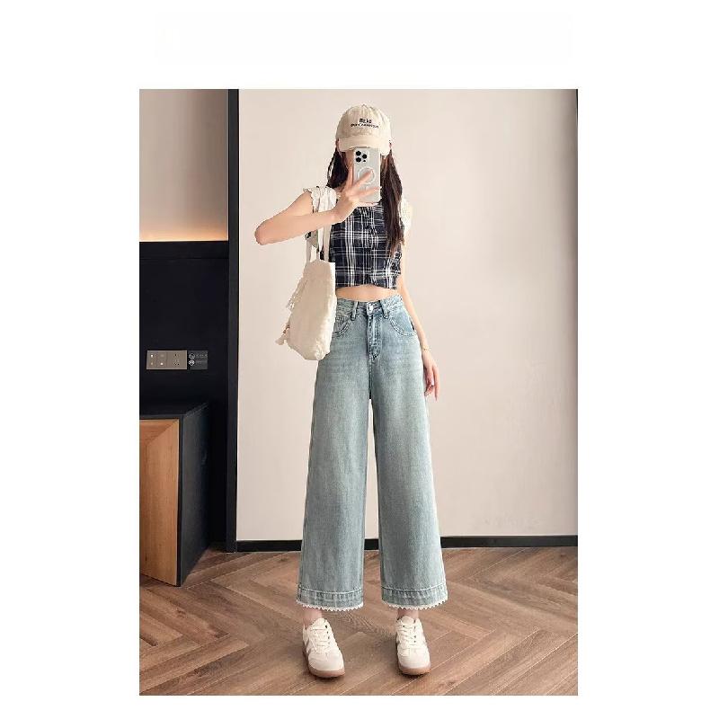 2026 New Lace Trim Straight-Leg Jeans for Women, High-Waisted Wide-Leg Cropped Pants