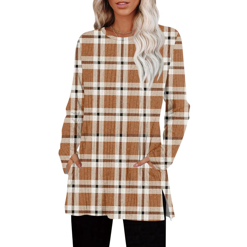 Womens Sweaters Crewneck Long Sleeve Shirts With Pockets Fall Outfits Fashion Winter Clothing Side Slit