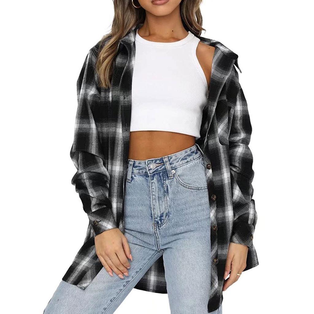 Women's  And Winter Mid-Length Lapel Cardigan Single-Breasted Pocket Plaid Shirt Top