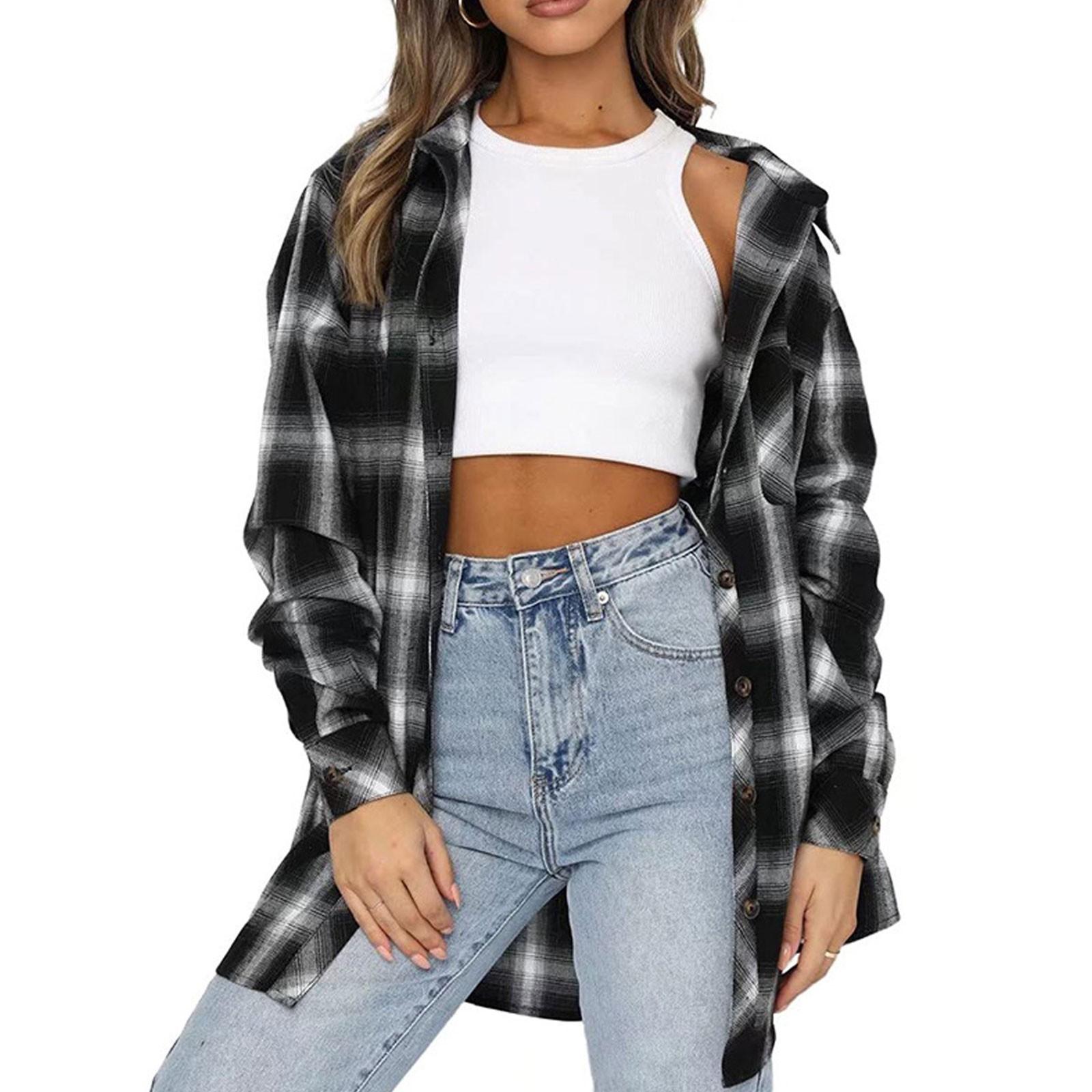 

Women s And Winter Mid-Length Lapel Cardigan Single-Breasted Pocket Plaid Shirt Top L чорний
