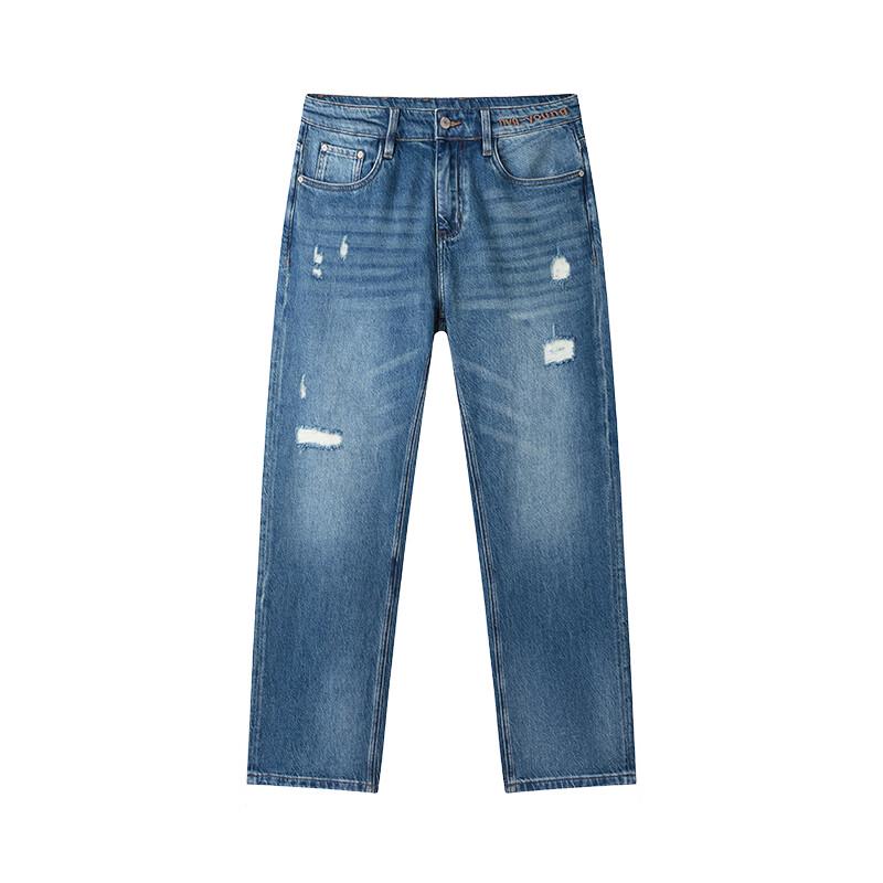 NVG·YOUNG Men's Distressed Tencel Denim Straight-Leg Jeans