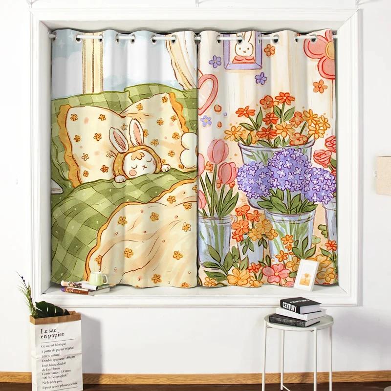 Cartoon Rabbit Cute Curtain High Shading Flowers Curtain Girls Dormitory Children's Room Bedroom Insulation Thick Blackout Drape