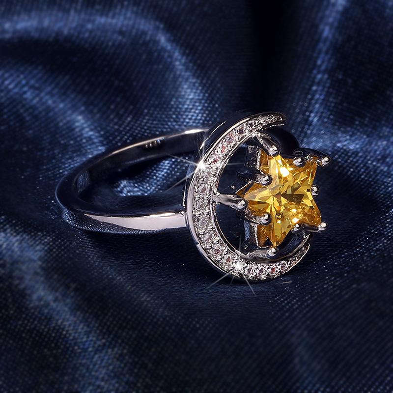 Einfacher Damen Hochzeits Sterling Silber Stern Gelber Mond Micro Pave Zirkon Fingerring Für Frauen Anillos Mujer