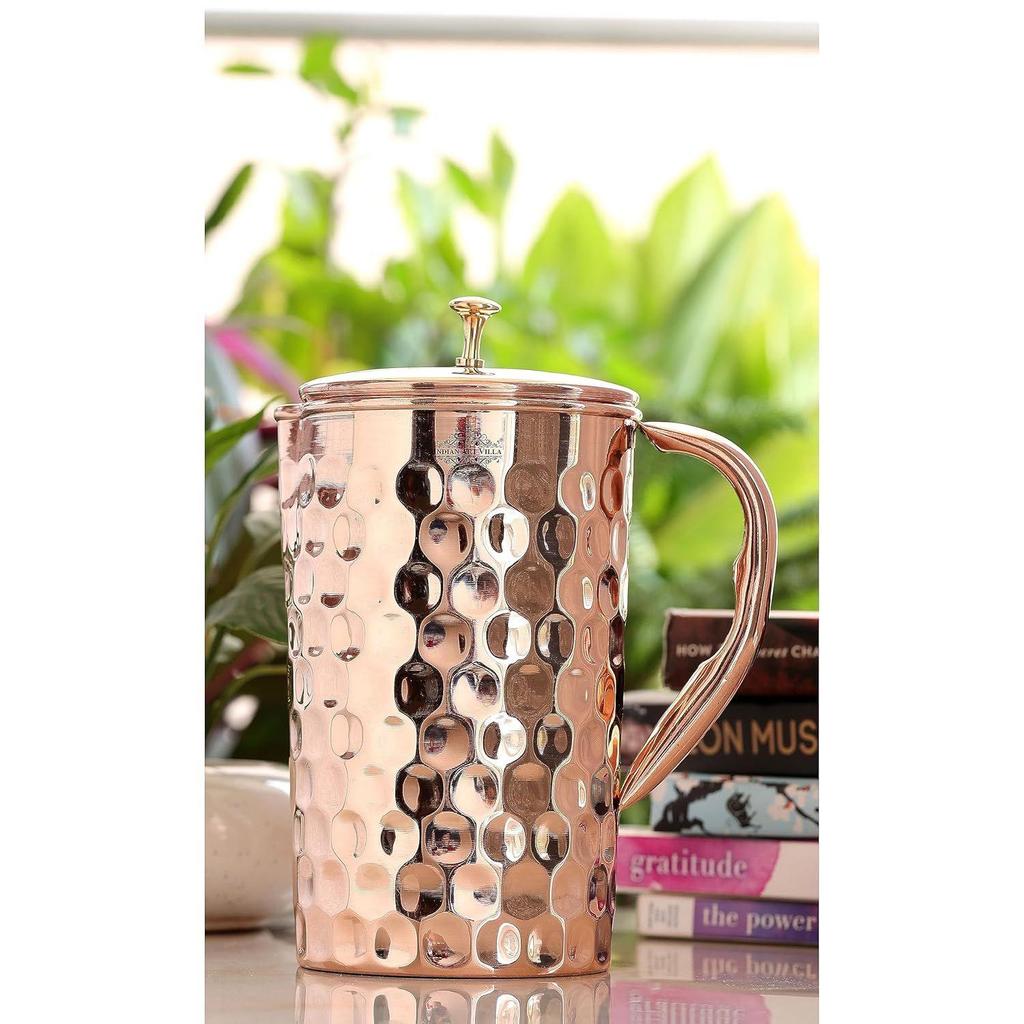 Diamond Design Copper Jug Pitcher with Brass Knob, Storage & Serving Water, Yoga Ayurveda Healing, Volume- 2000 ML