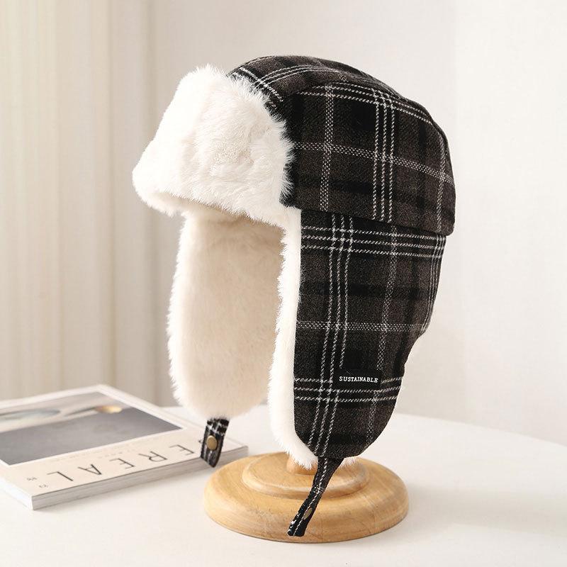 Plaid Lei Feng Hat Women's Winter Thickened Warm Windproof Cycling Ear Hat Velvet Skiing Northeast Cold Hat Tide