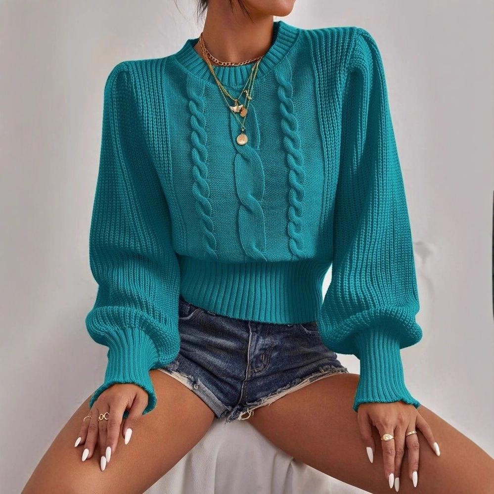 European & American Solid Color Knitwear Women's Lantern Sleeve Cable Knit Pullover Sweater - Autumn/Winter, Round Neck