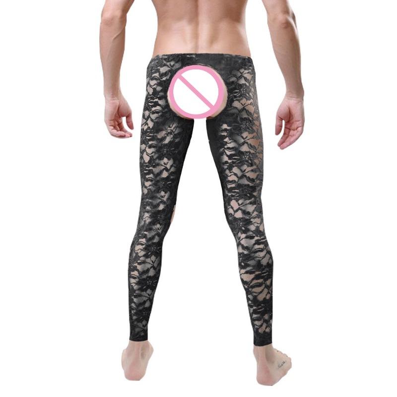 Sissy Lingerie See Through Floral Lace Open Crotch Long Pants Men Low Rise Bottoms Lounge Tight Stretchy Trousers Sleepwear