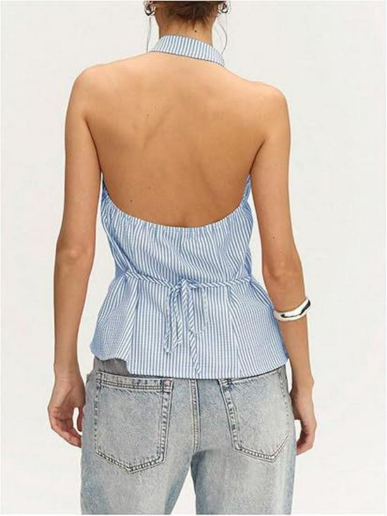 European & American Women's Asymmetrical Hem Striped Front-Tie Strapless Backless Tank Top