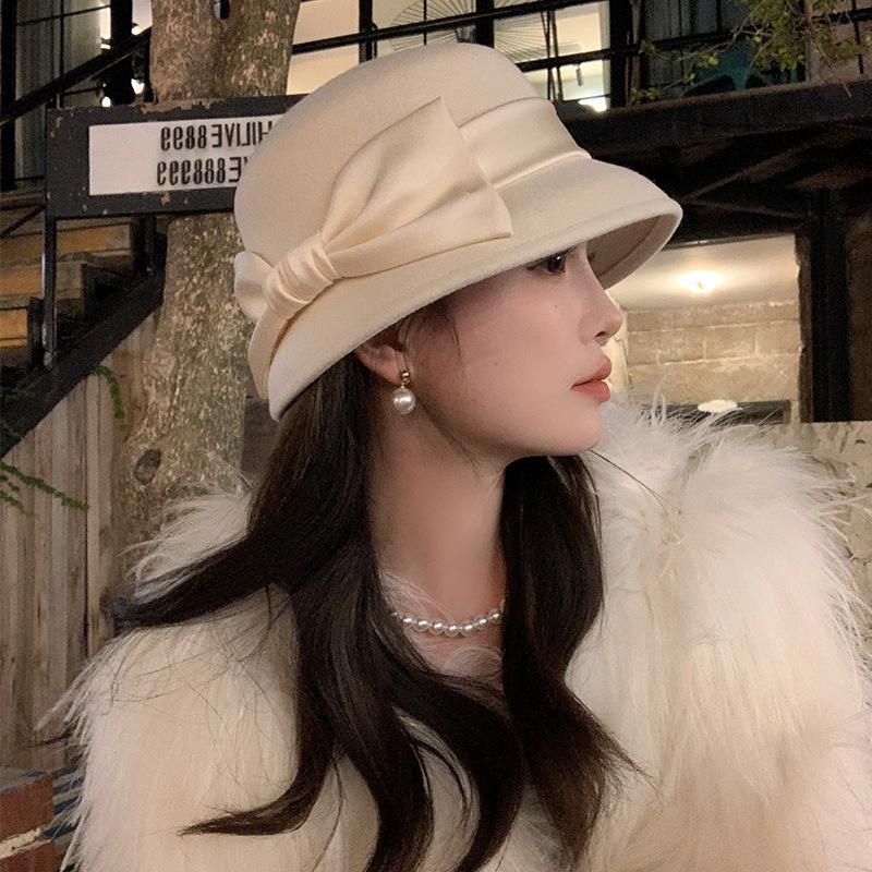 Top Hat Autumn and Winter Australian Woolen Flat Top Bow Fisherman Hat Autumn and Winter Elegant Basin Hat