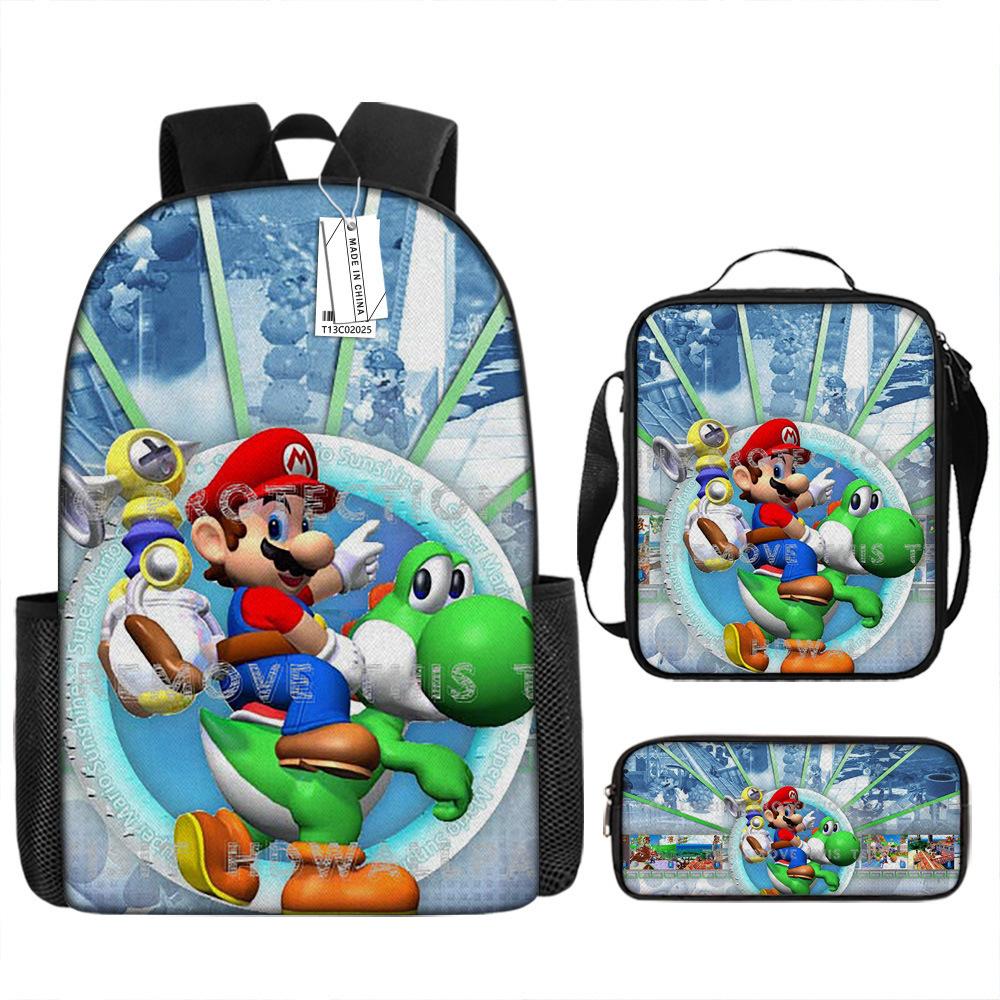 New Super Mario Trend Backpack Retro Mario Schoolbag 3-Piece Set with Pencil Case