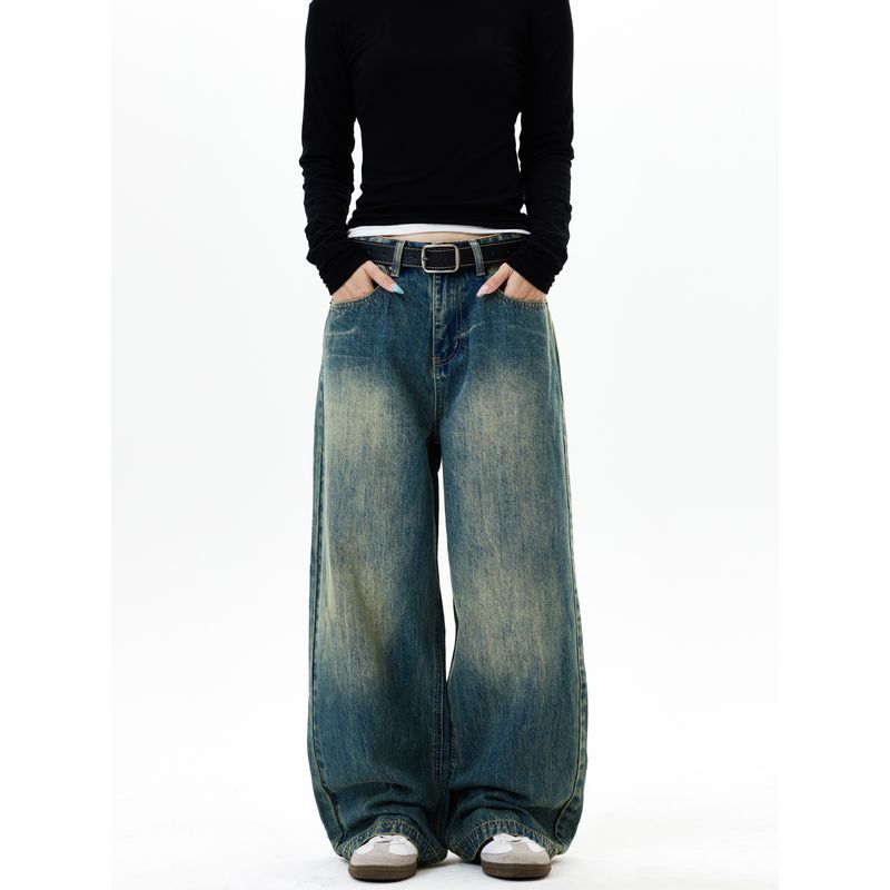 Kisko American-Style Washed Cleanfit Drape Straight-Leg Jeans Unisex Trendy Brand Loose Straight-Leg Versatile Pants