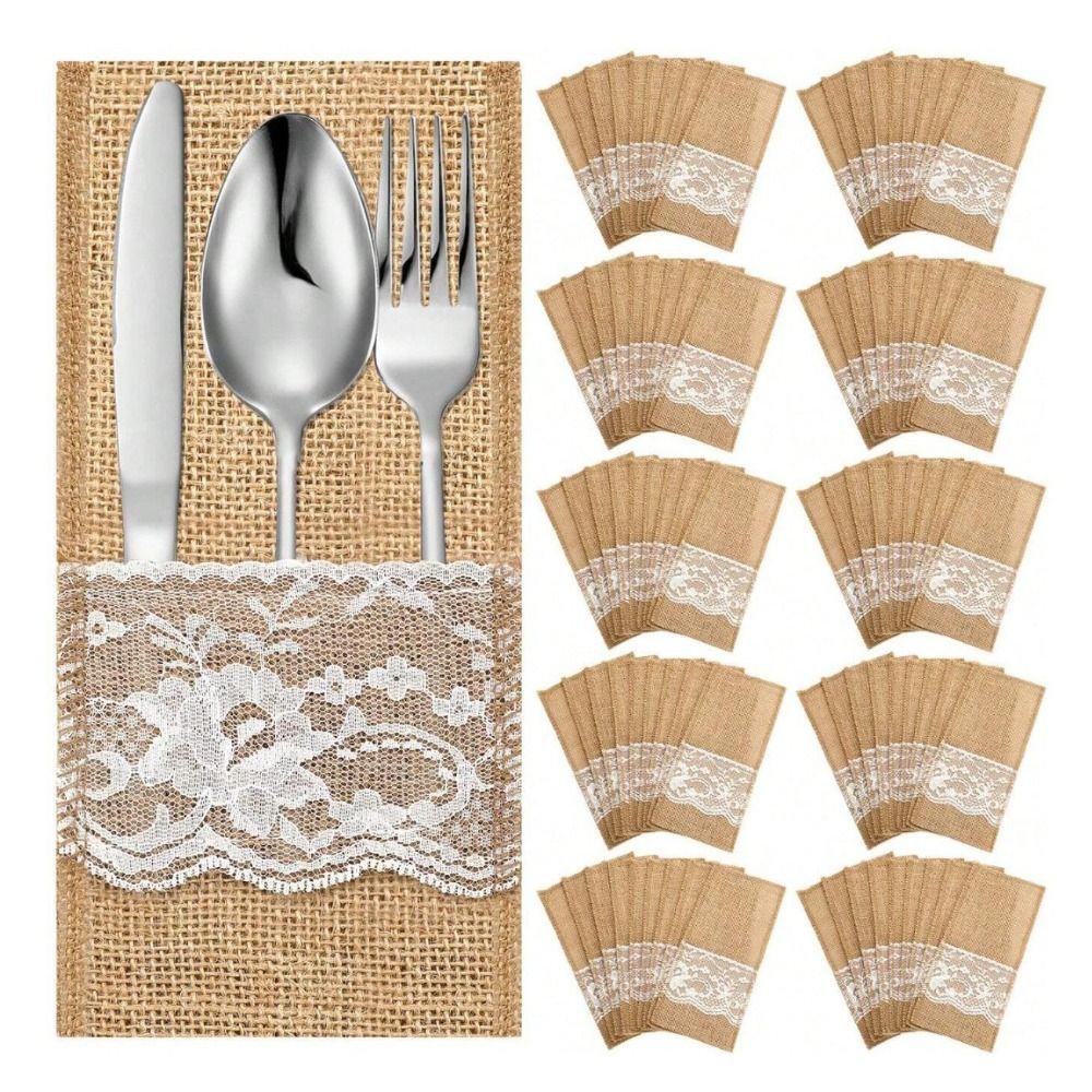 Lace Trim Tableware Storage Bag Linen Fabric Table Decoration Accessories  For Table Decorations