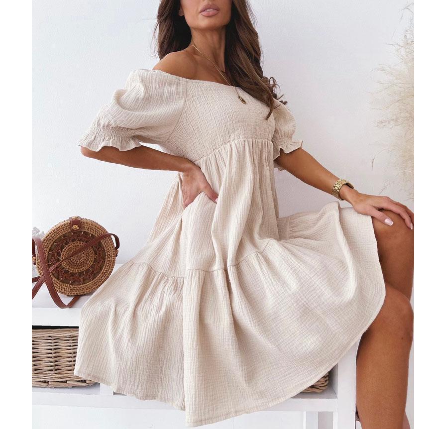 Damen Casual Off Shoulder Minikleid Sommer Damen Reine Farbe Slash Neck Kurzarm Partykleider